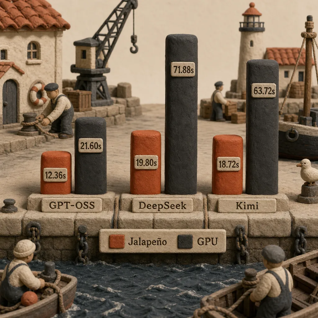 Vergleichssäulen der Gesamtlaufzeit für 12 sequentielle GPT-OSS, DeepSeek und Kimi Aufrufe auf Jalapeño und NVIDIA-Systemen