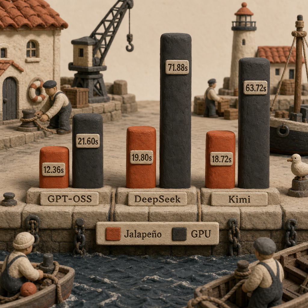 Paired columns comparing total time for 12 sequential GPT-OSS, DeepSeek, and Kimi calls on Jalapeño and NVIDIA systems