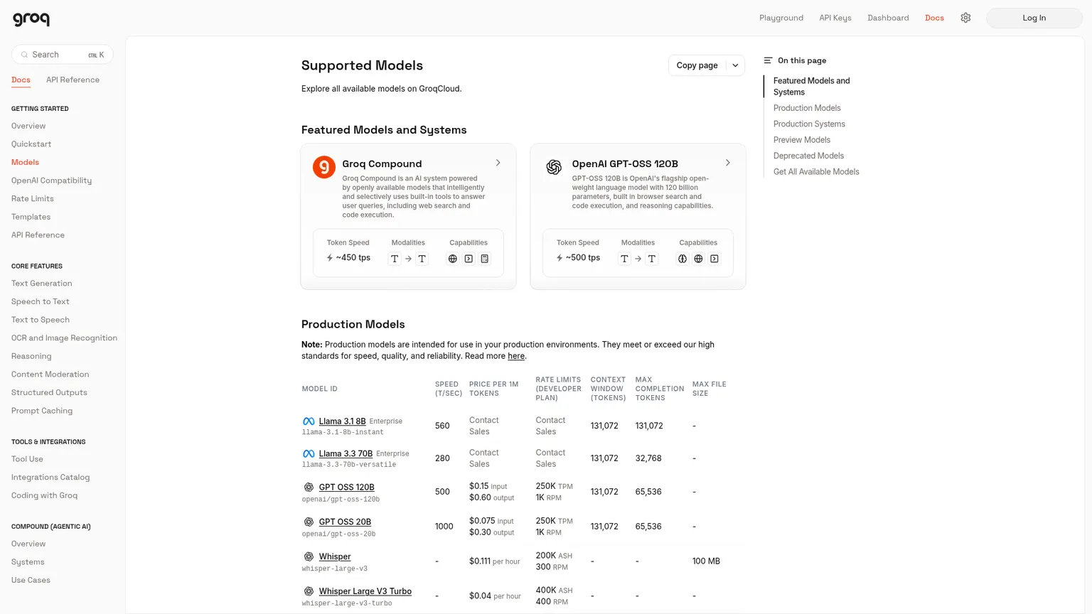 Unterstützte Modelle auf GroqCloud mit Preisen und Limits für GPT-OSS 120B