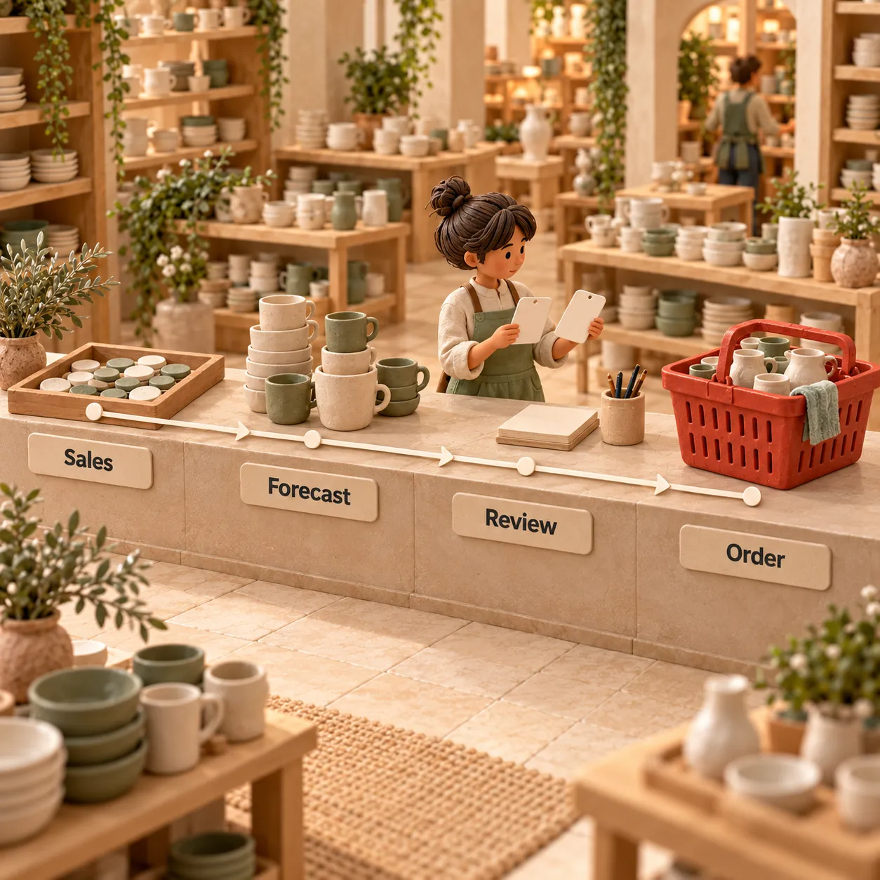 Clay shop counter tracing sales through a forecast and human review before an order is placed