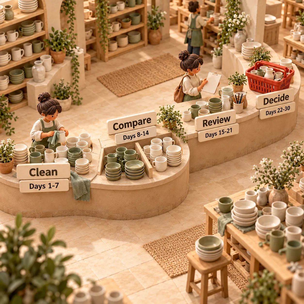 A clay shop calendar counter showing a 20-SKU pilot: clean on days 1 to 7, compare on days 8 to 14, review on days 15 to 21, and decide on days 22 to 30