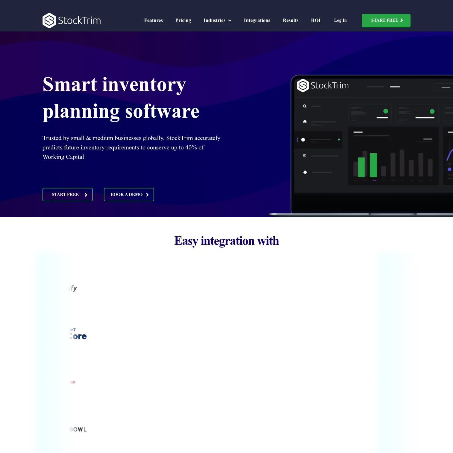 StockTrim website showing inventory forecasting and order planning