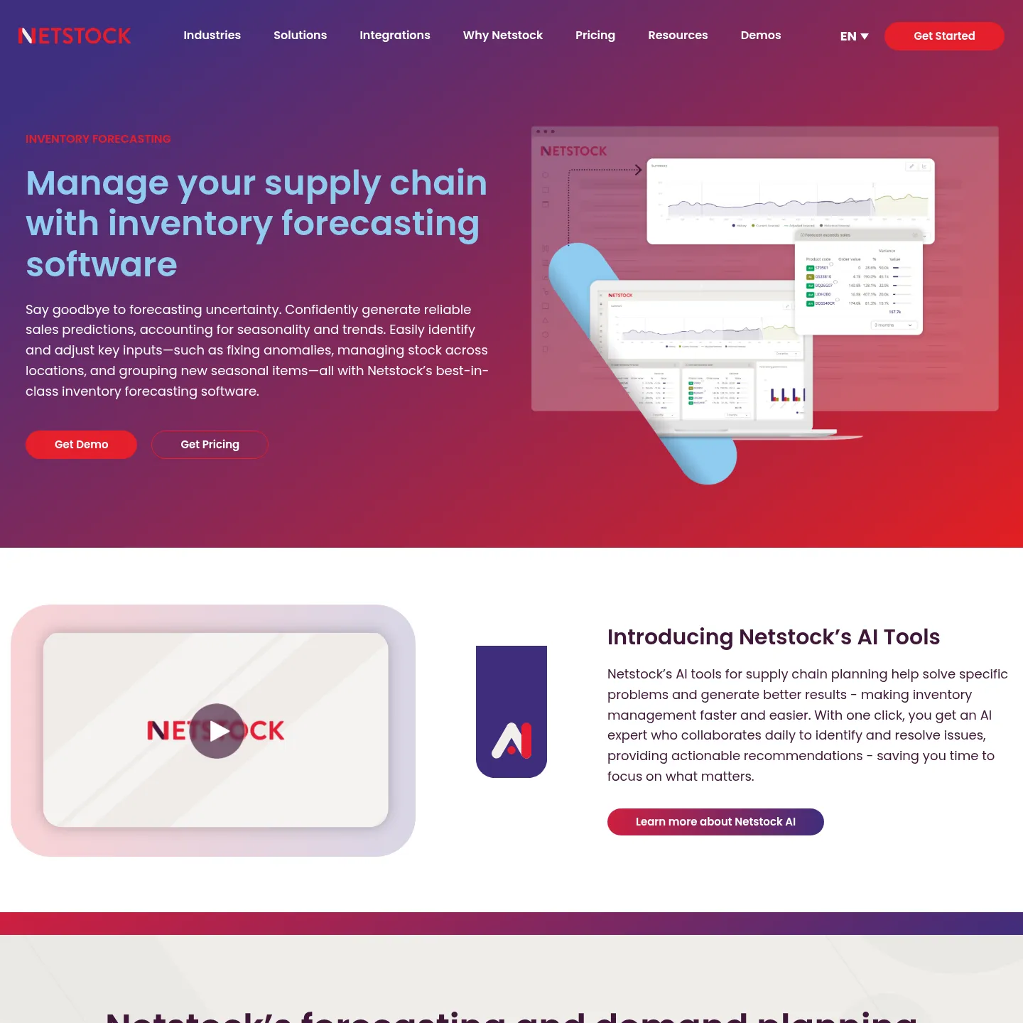 Netstock inventory forecasting product page showing its planning capabilities