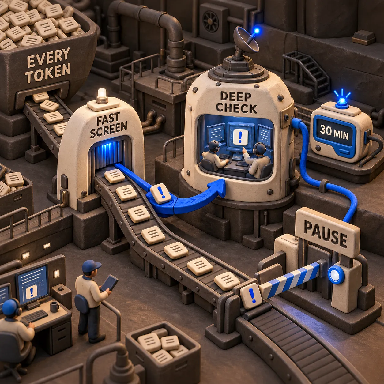 Infographie en pâte à modeler montrant le contrôle de chaque token, l’enquête approfondie, l’alerte sous 30 minutes et la décision d’interrompre