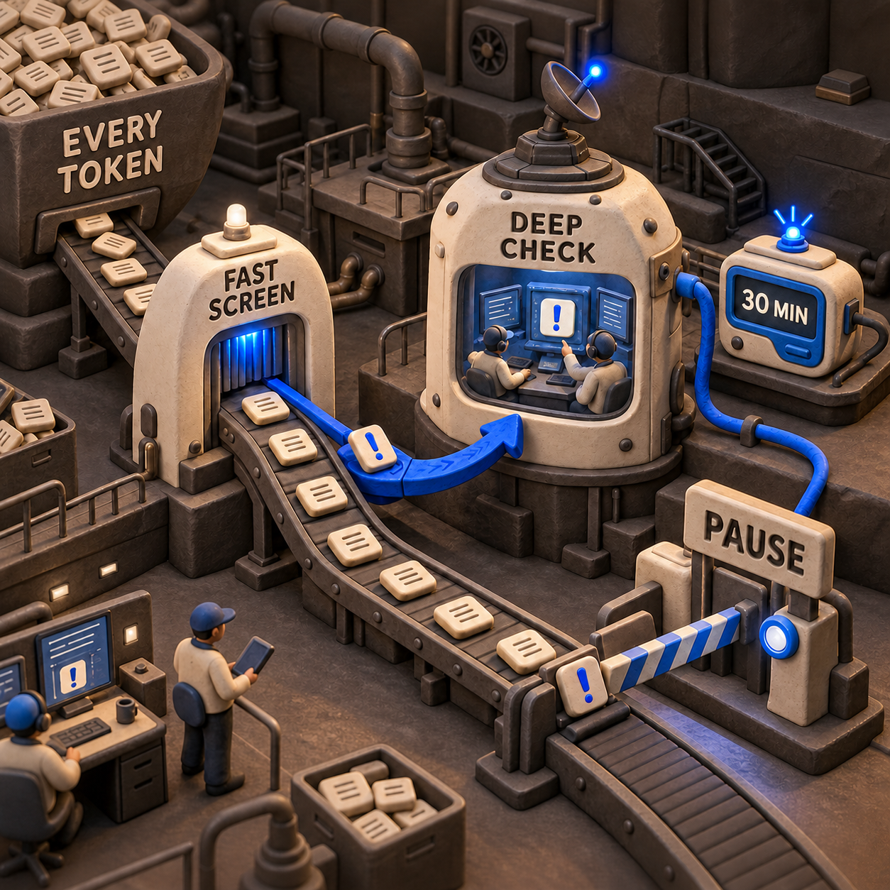 Clay infographic showing every-token screening, deep investigation, a 30-minute alert, and a pause decision