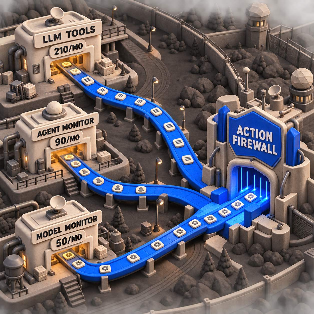 Clay market-demand infographic leading from LLM tools, agent monitoring, and model monitoring searches to an action firewall product