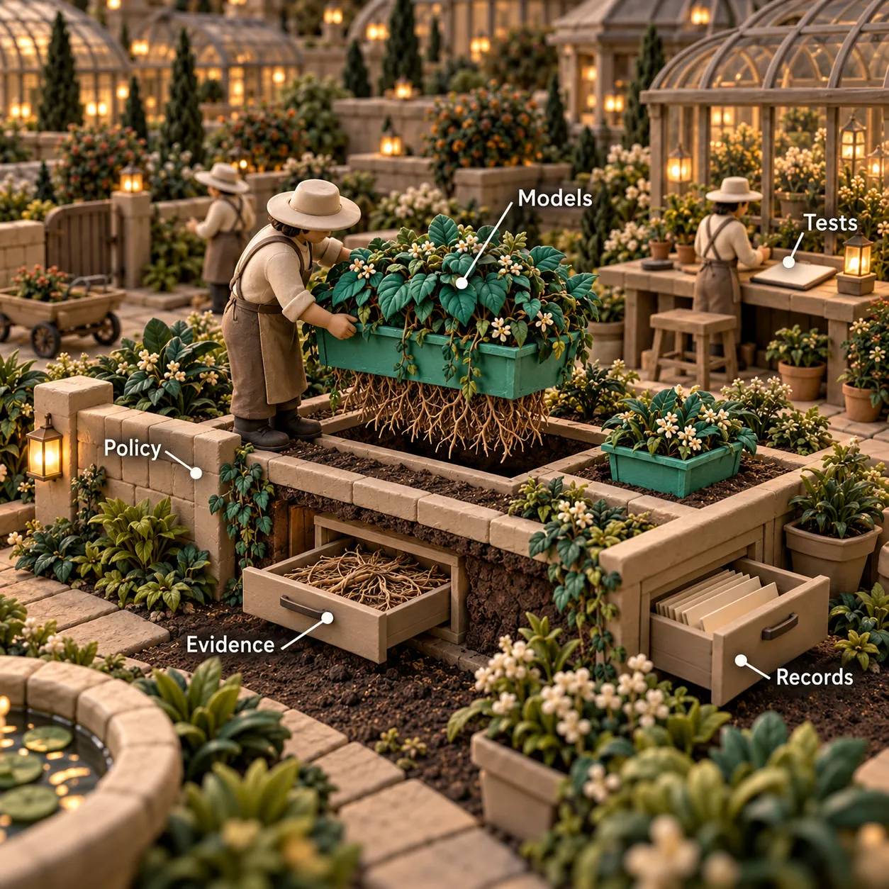 A removable model cartridge in a clay garden bed surrounded by enduring evidence, policy, tests and records.