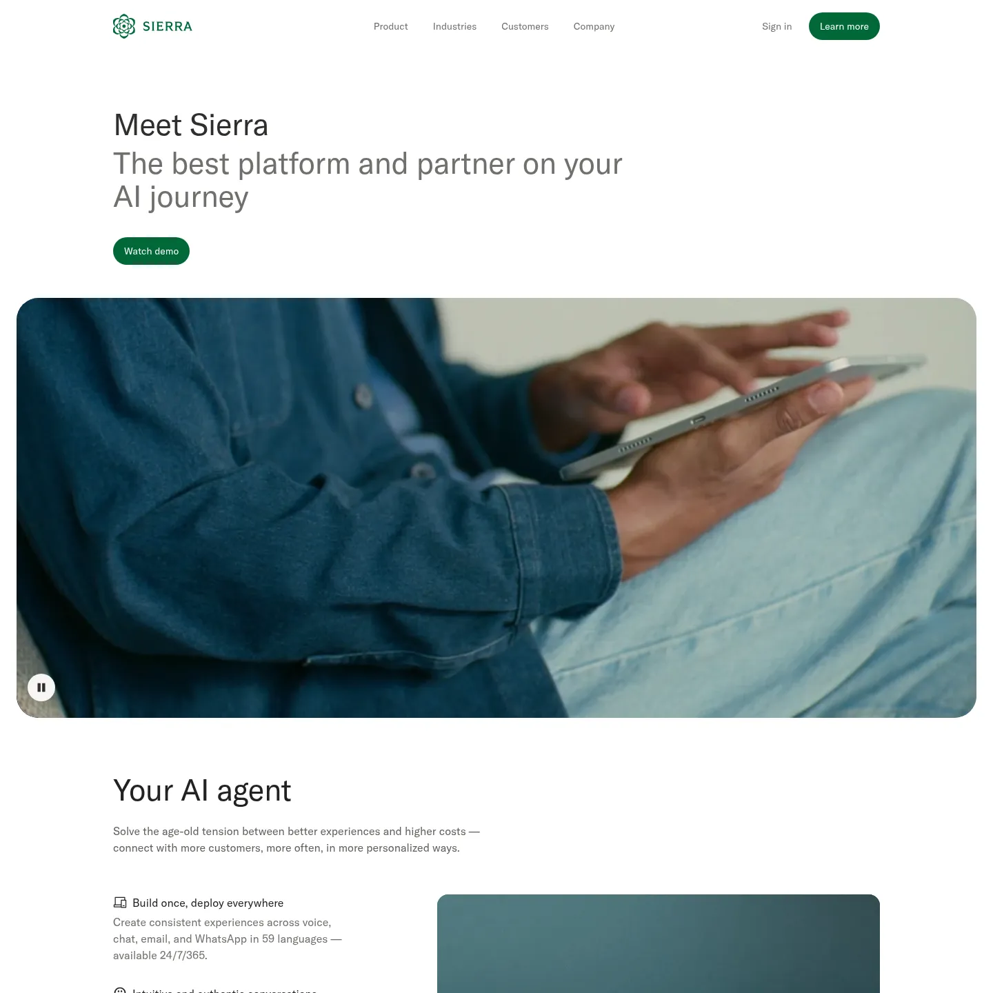 Sierra's product page describing customer-facing AI agents and their connection to business systems.