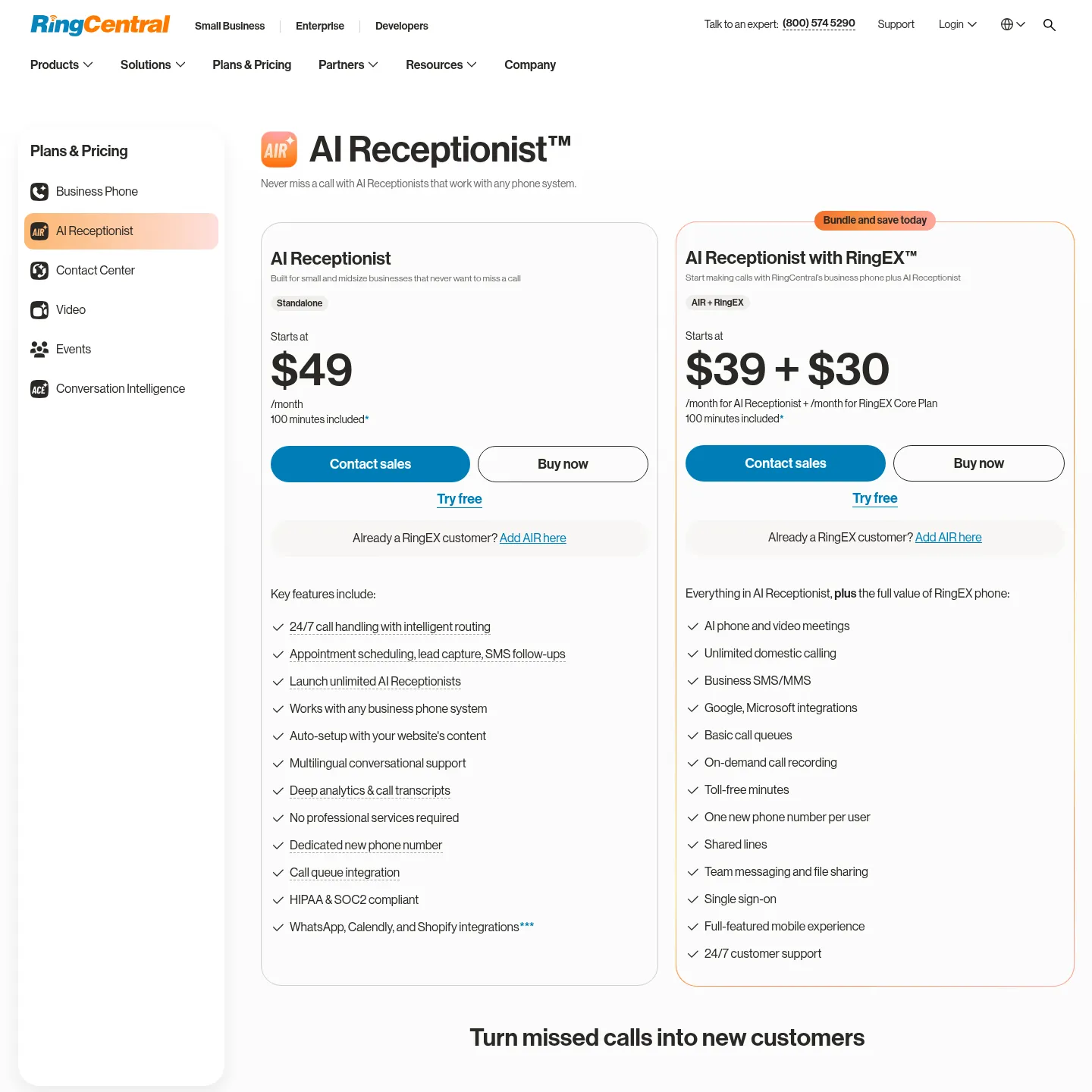 RingCentral AI Receptionist pricing and call-routing features on its official site