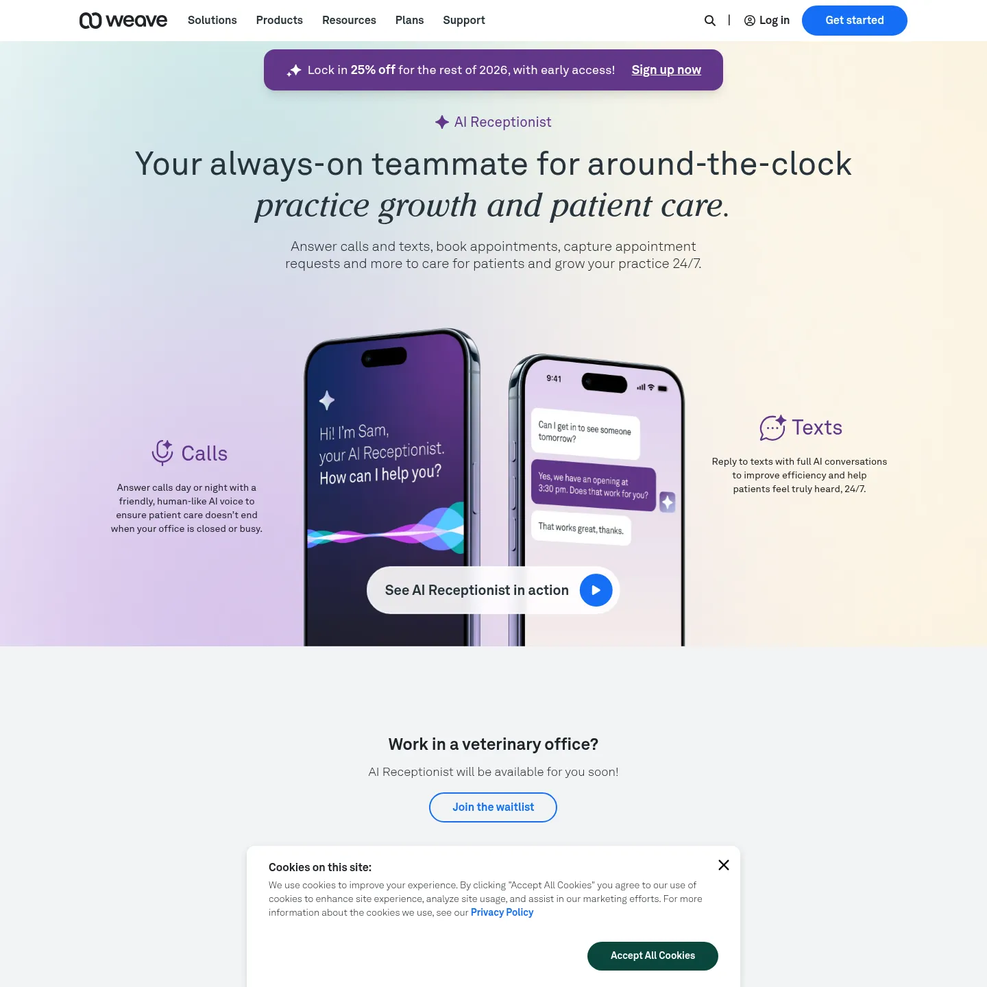 Weave's official AI Receptionist page showing patient call handling and appointment workflows