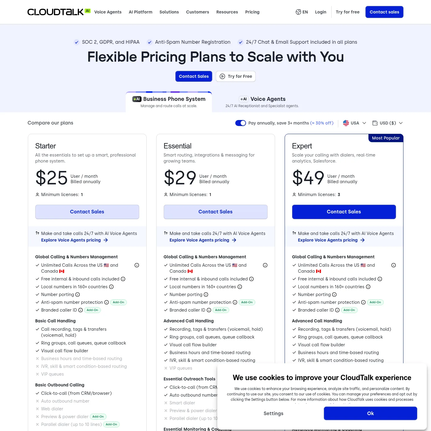 CloudTalk's official phone-plan and AI add-on pricing page