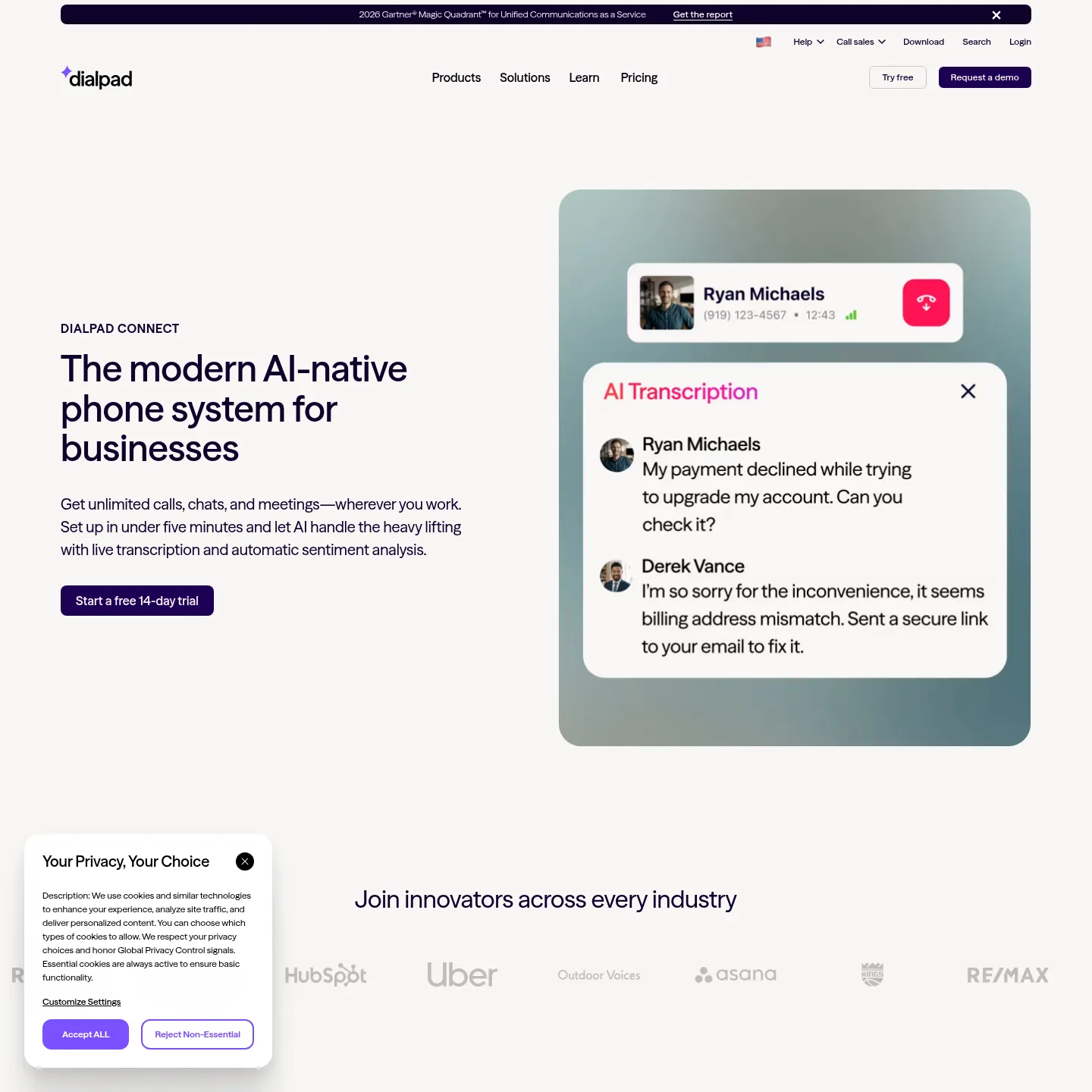 Dialpad's official business phone system page with Connect plans