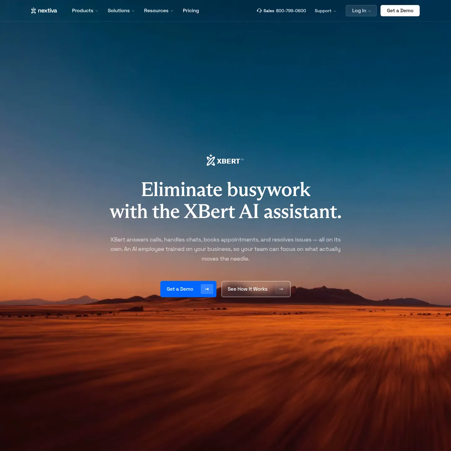 Nextiva XBert's official AI receptionist page and conversation-based pricing