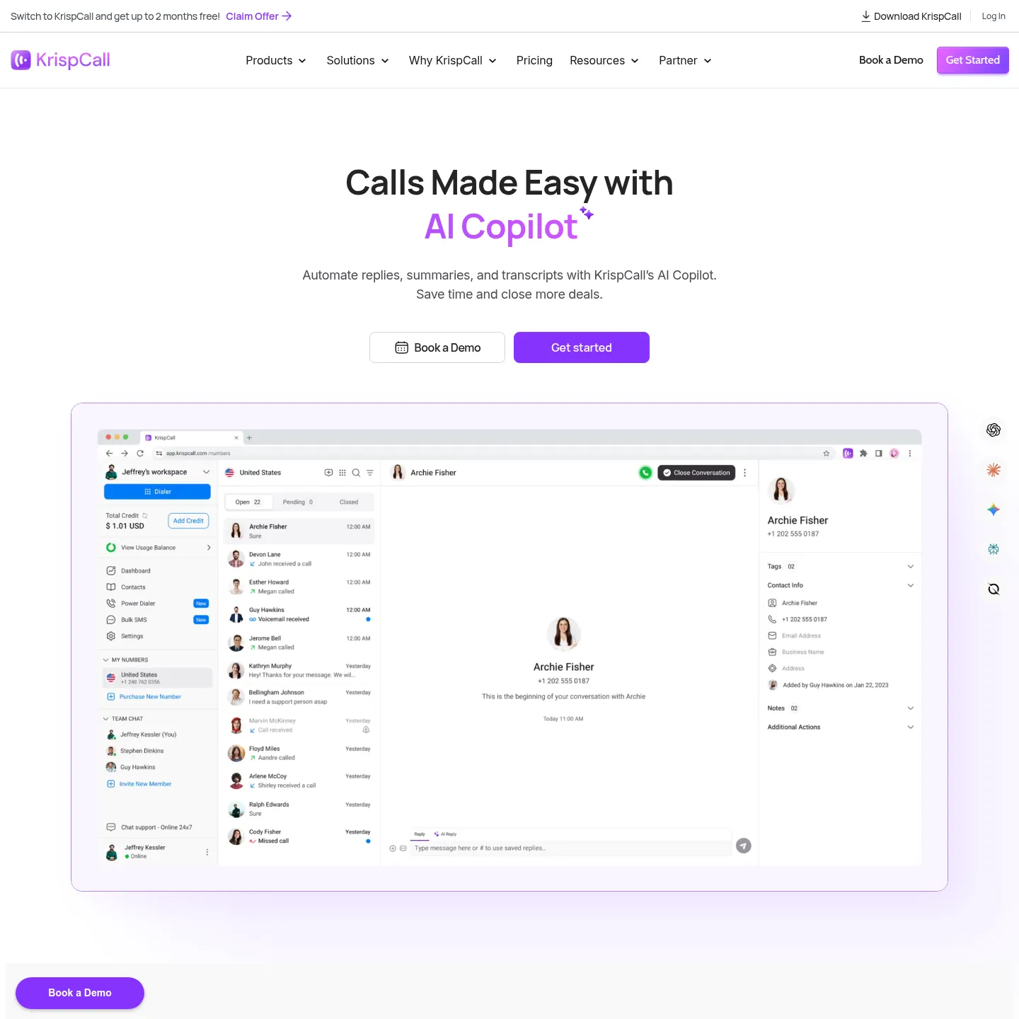 KrispCall's official AI Copilot page showing call summaries, transcription and early-access availability