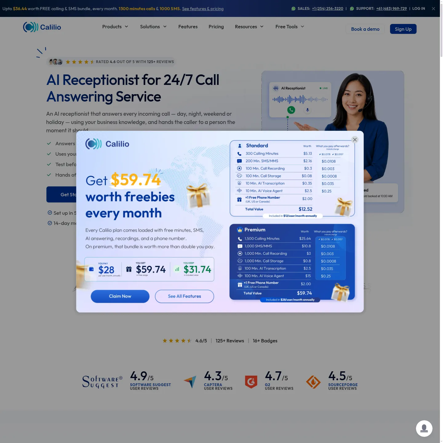 Calilio's official AI Receptionist page with knowledge sources, human escalation and setup instructions