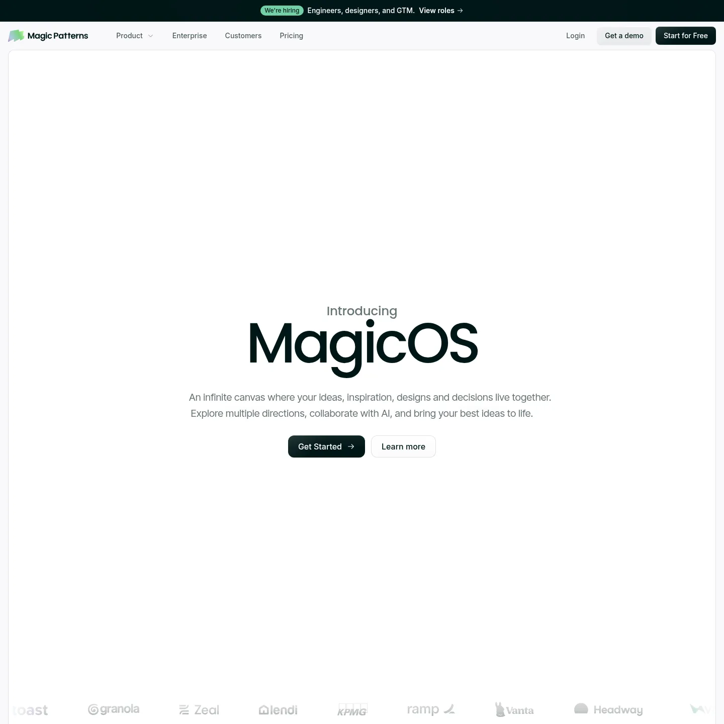 Página do Magic Patterns exibindo seu próprio canvas MagicOS e exemplos de protótipos