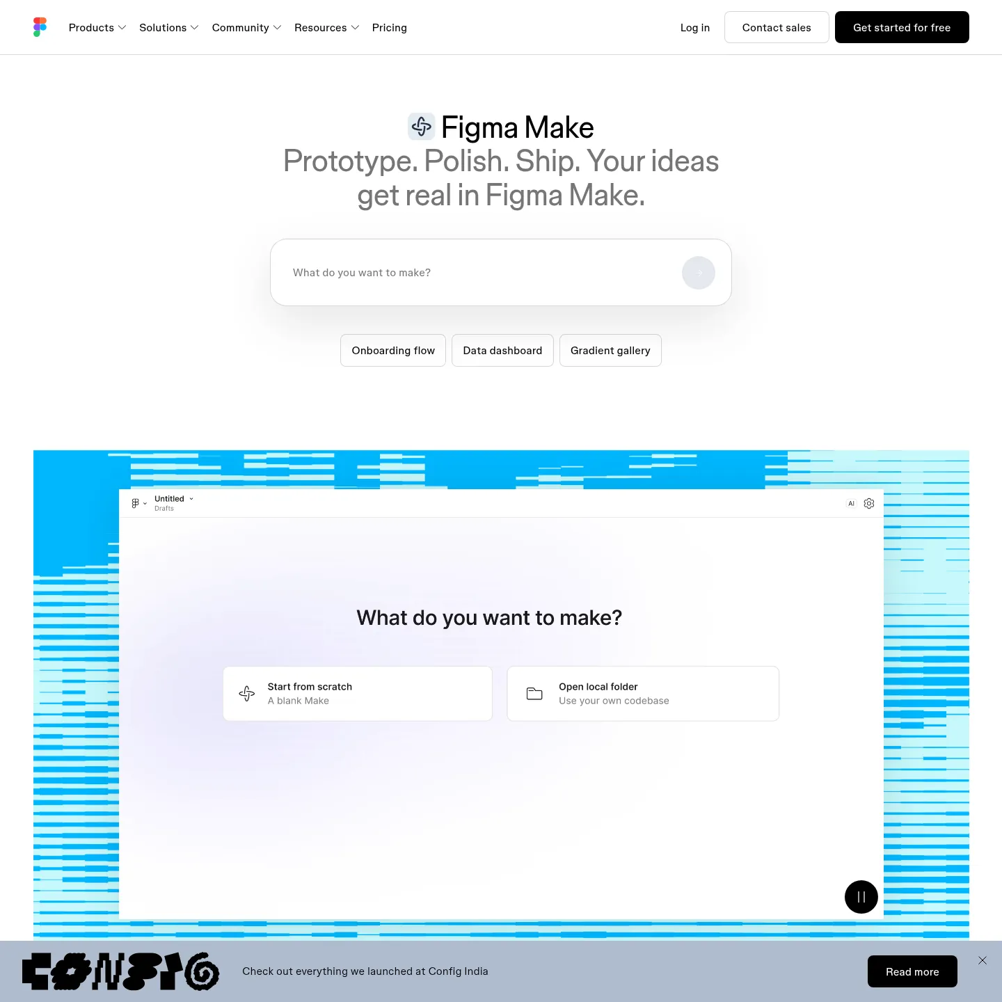 Página do Figma Make com exemplos de protótipos e edição fornecidos pelo Figma