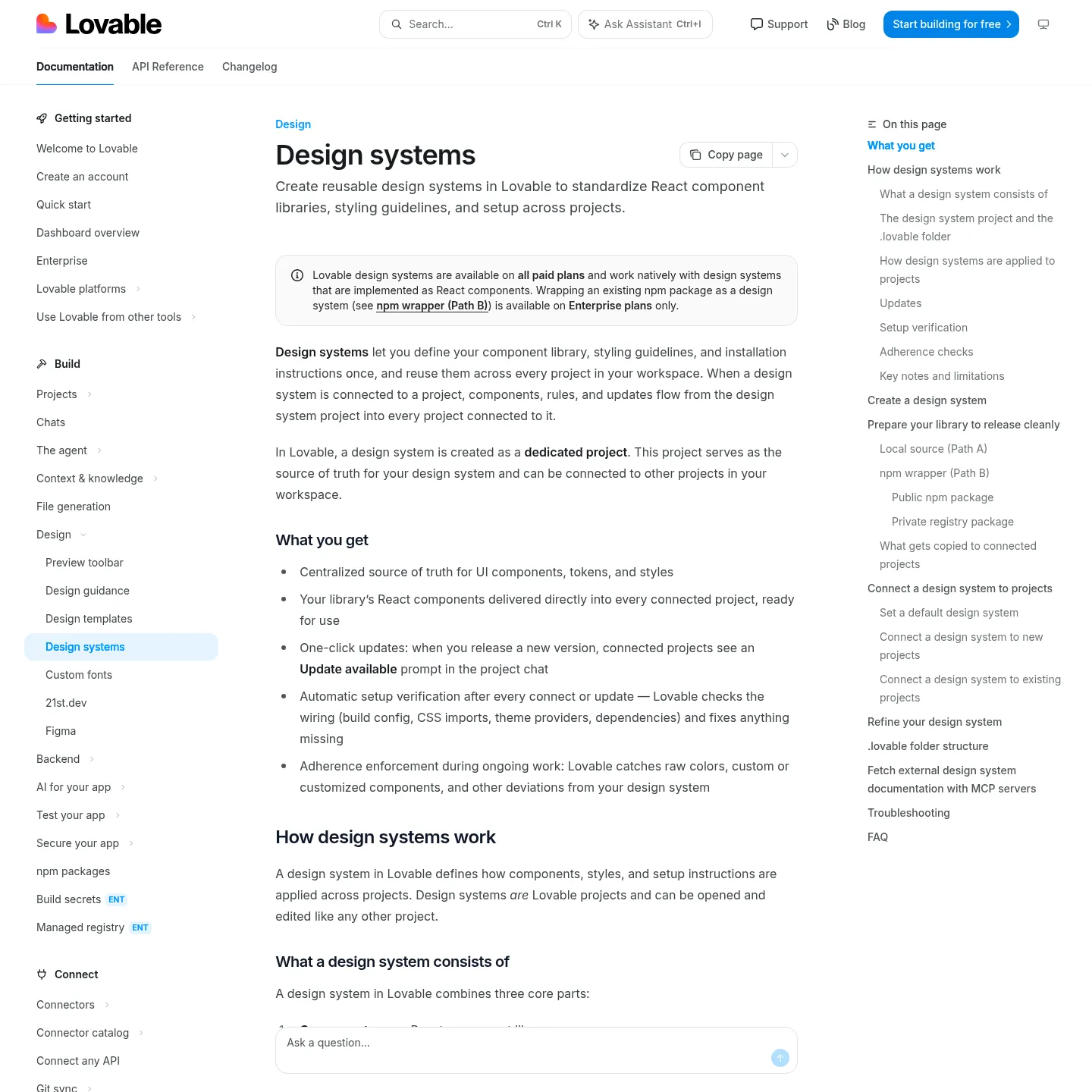 Documentação de design systems do Lovable mostrando o fluxo de configuração e reutilização de componentes