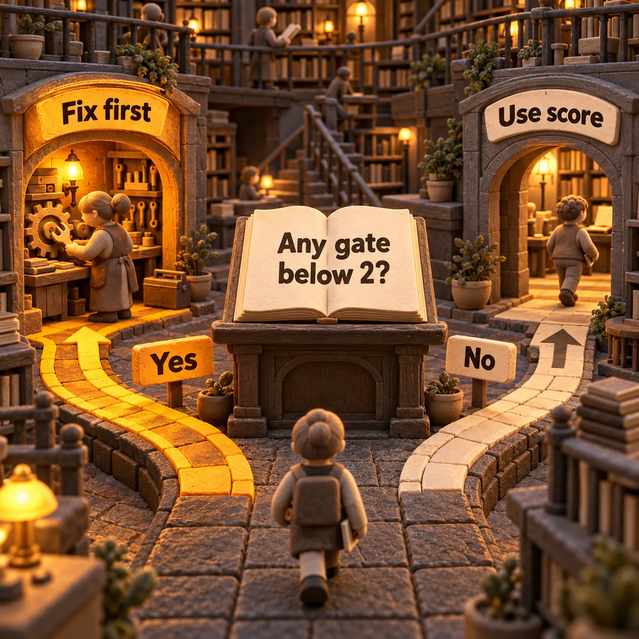 A library aisle branches at Any gate below 2: Yes leads to Fix first and No leads to Use score.