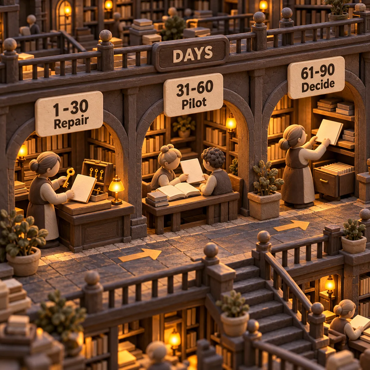 A continuous library aisle passes Repair for days 1-30, Pilot for days 31-60 and Decide for days 61-90.