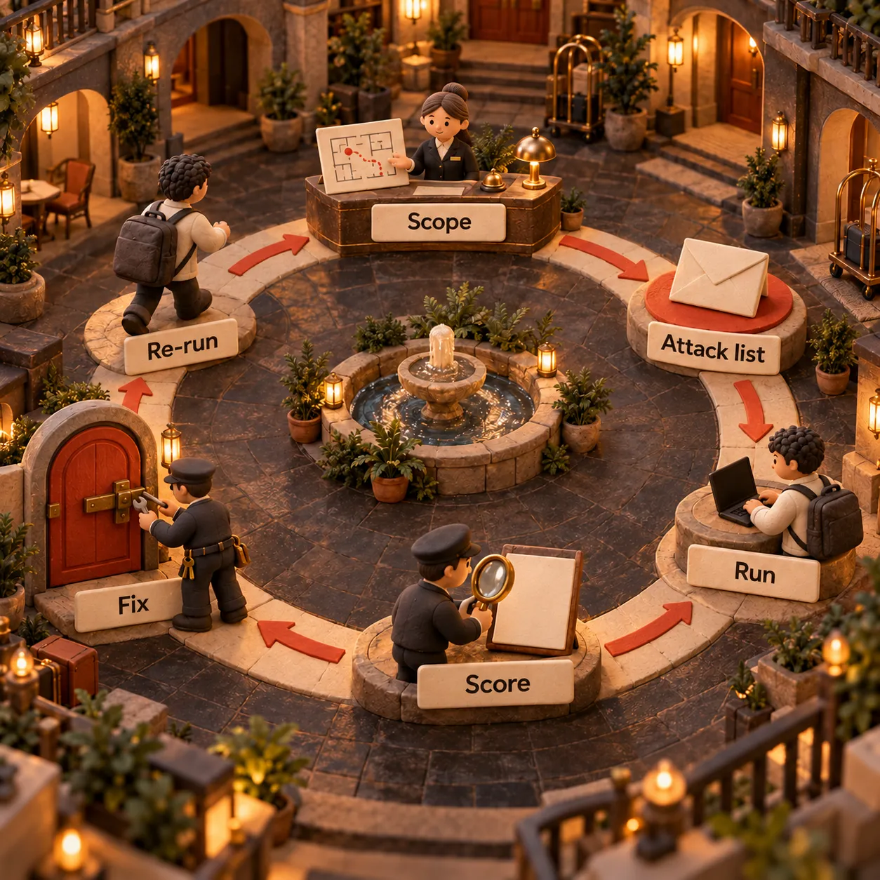 A clockwise clay hotel courtyard path connects Scope, Attack list, Run, Score, Fix and Re-run