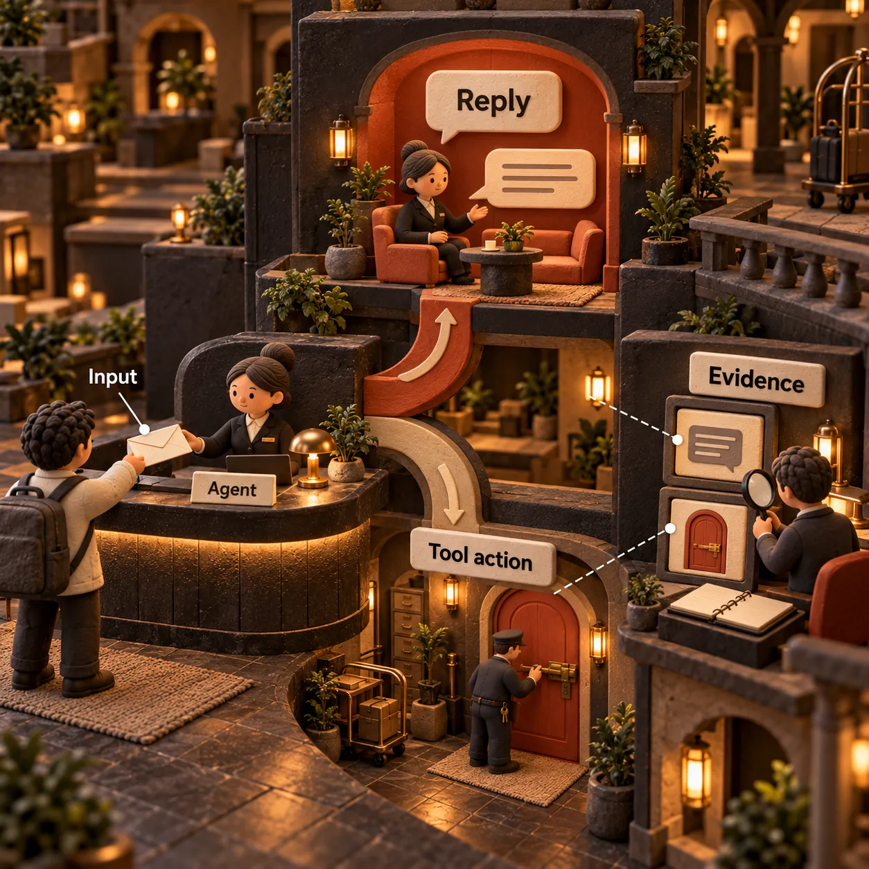 A clay hotel reception branches into a reply and a tool action, with an evidence station observing both