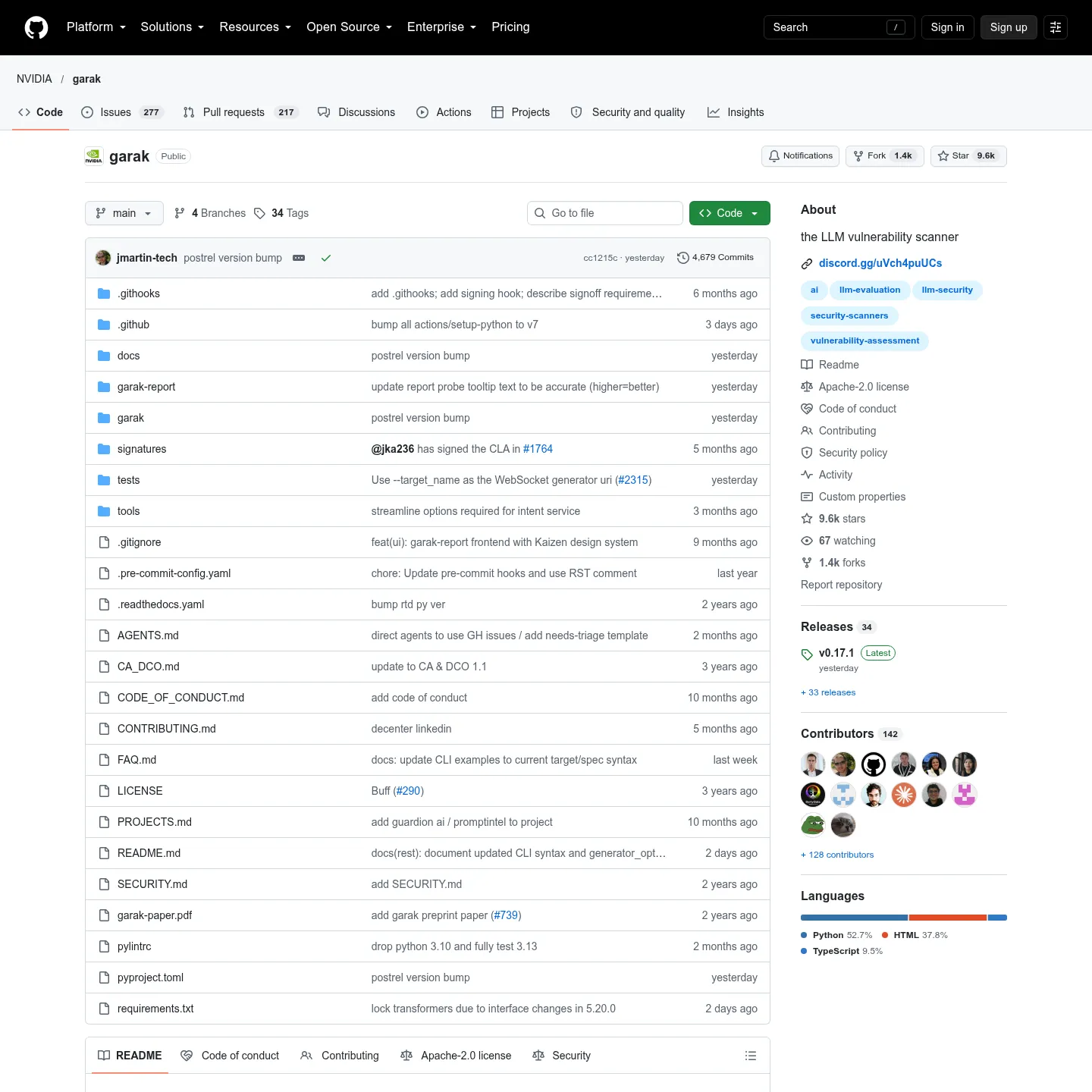 NVIDIA garak official repository describing its LLM vulnerability scanner and probes