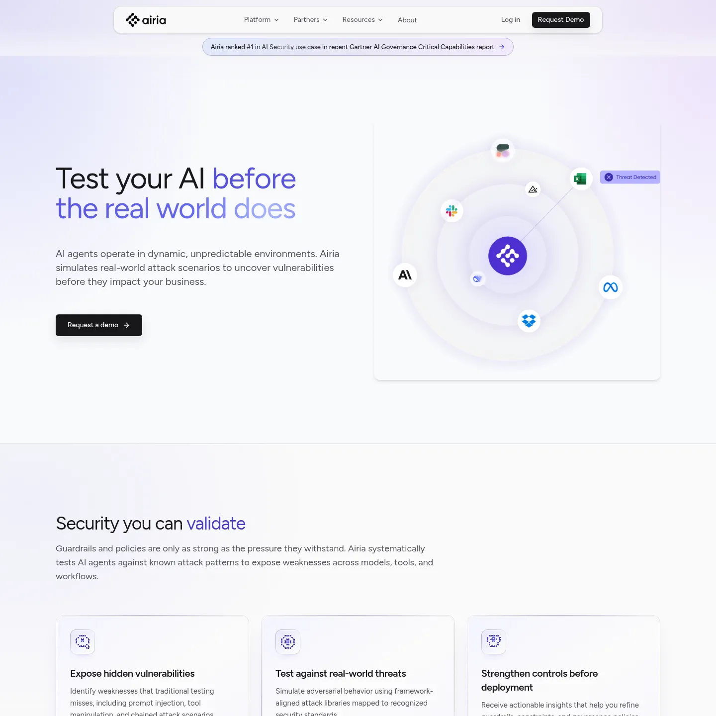 Airia agent red teaming feature page showing campaign and security scorecard examples