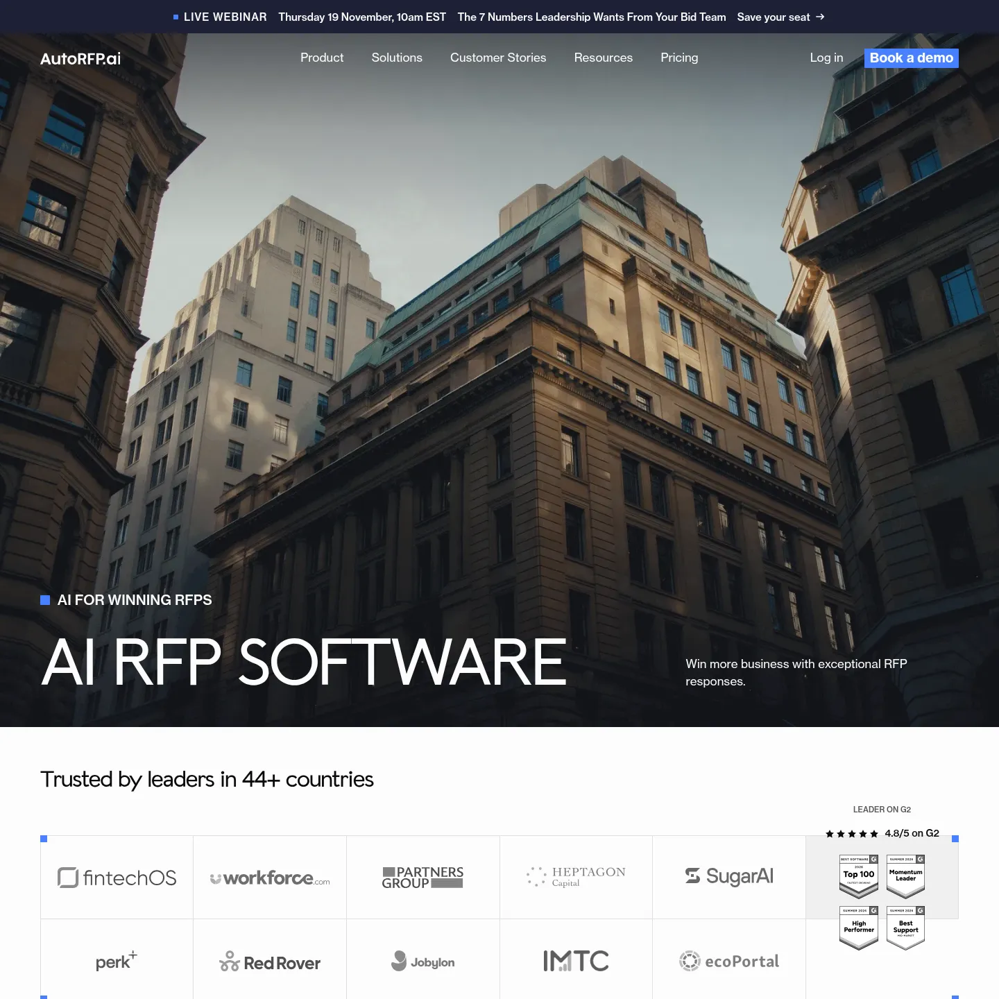 RFP 가져오기, 초안 작성, 검토 과정을 소개하는 AutoRFP.ai 웹사이트