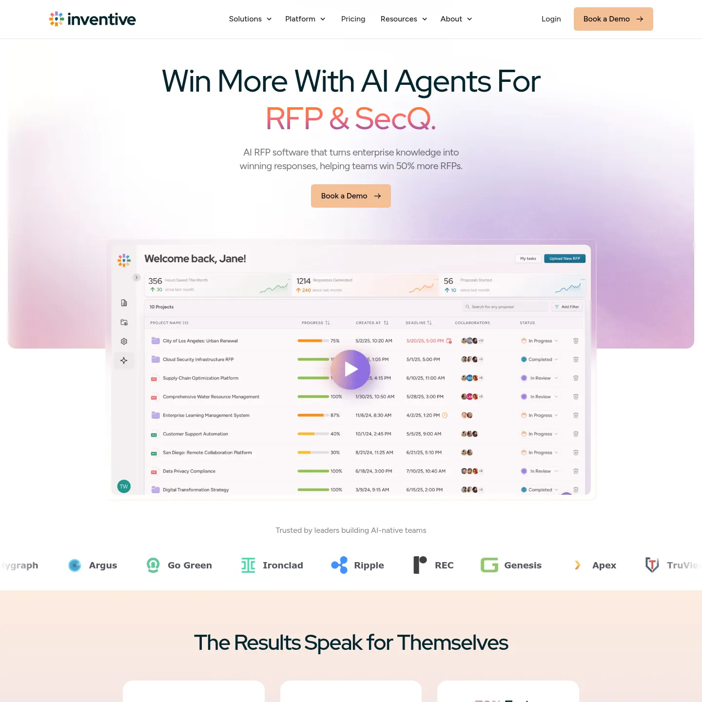 지식 허브와 RFP 답변 기능을 소개하는 Inventive AI 웹사이트