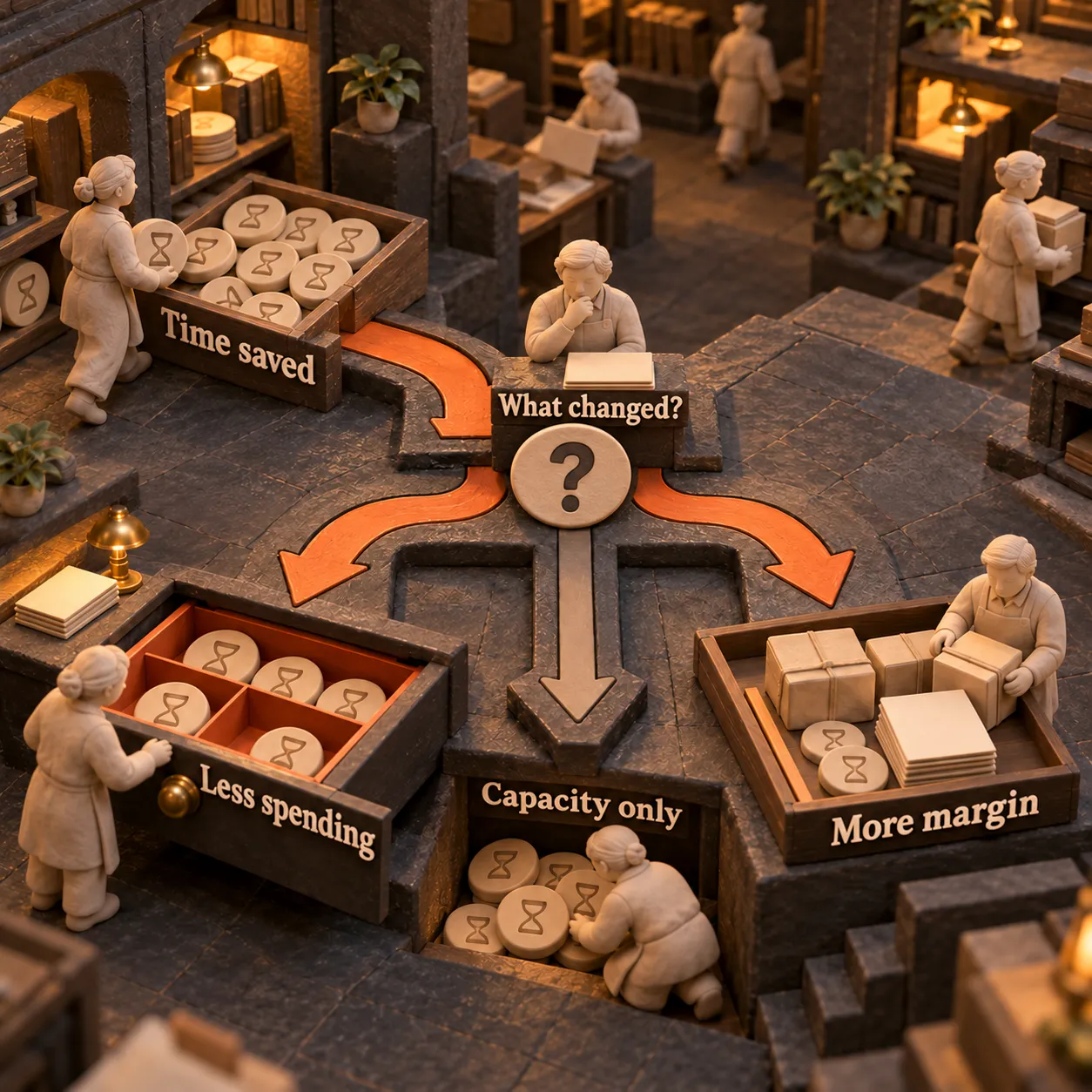 Clay hour tokens branch toward less spending, more margin, or capacity only.