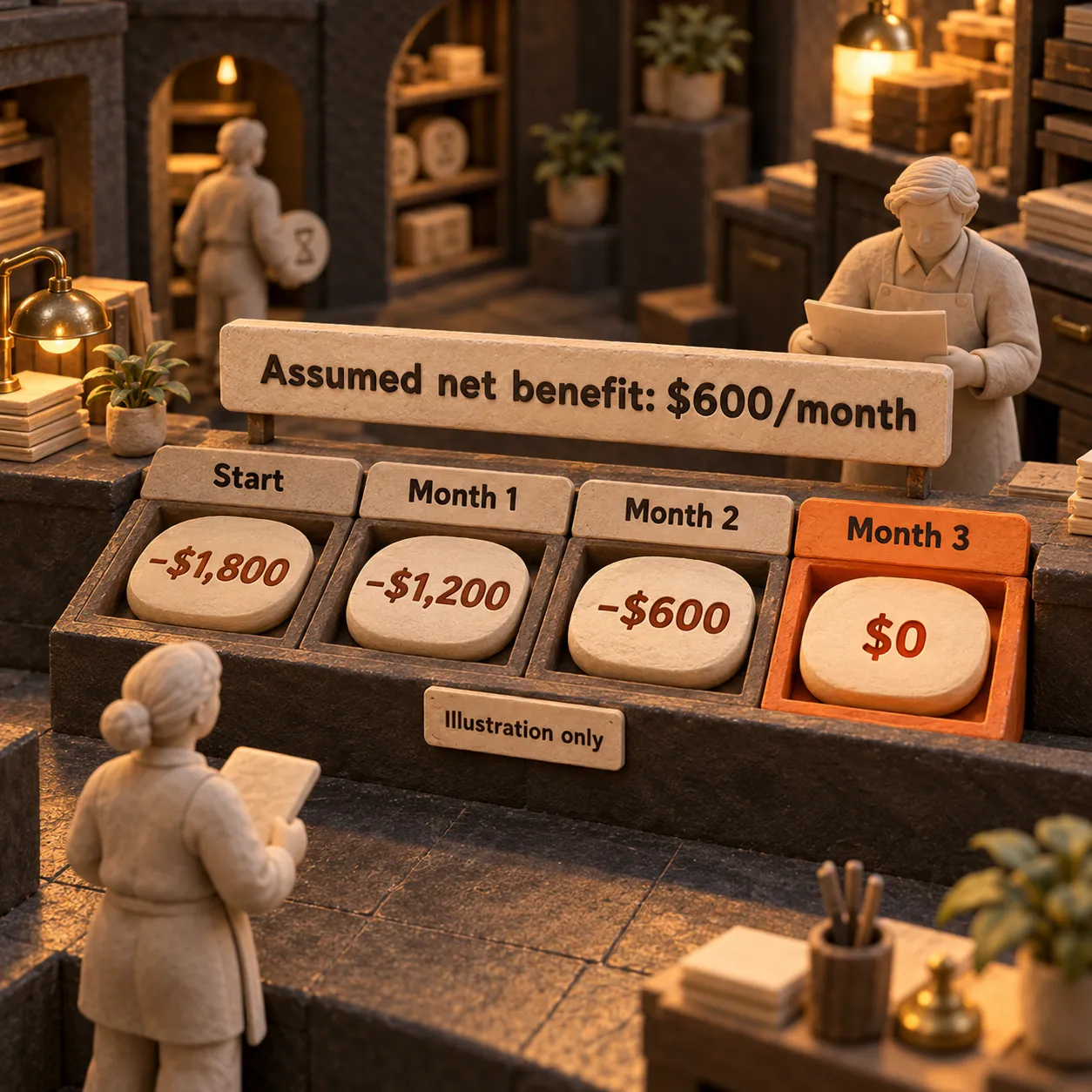 An illustrative cash payback timeline moves from minus $1,800 at setup to zero after three months of $600 net monthly benefit.