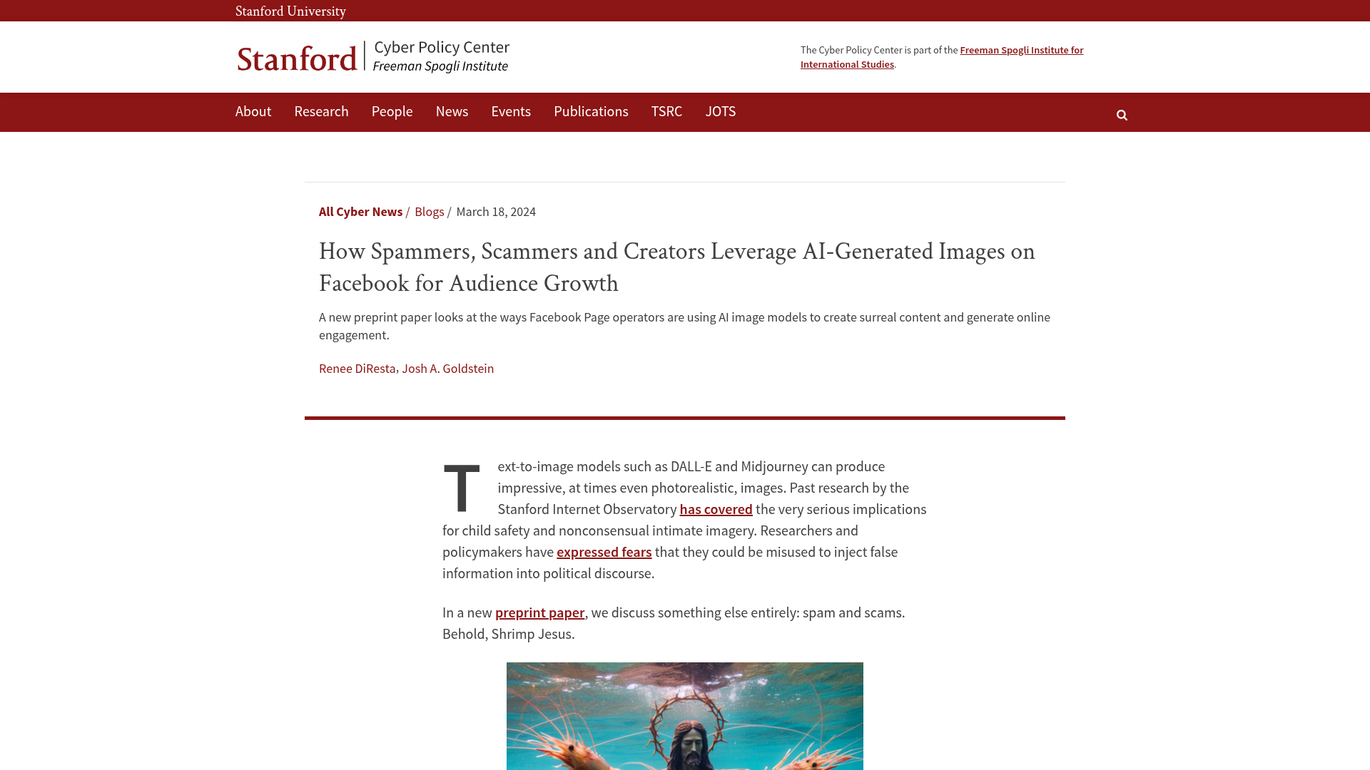 Stanford Internet Observatory research page showing the Shrimp Jesus Facebook example