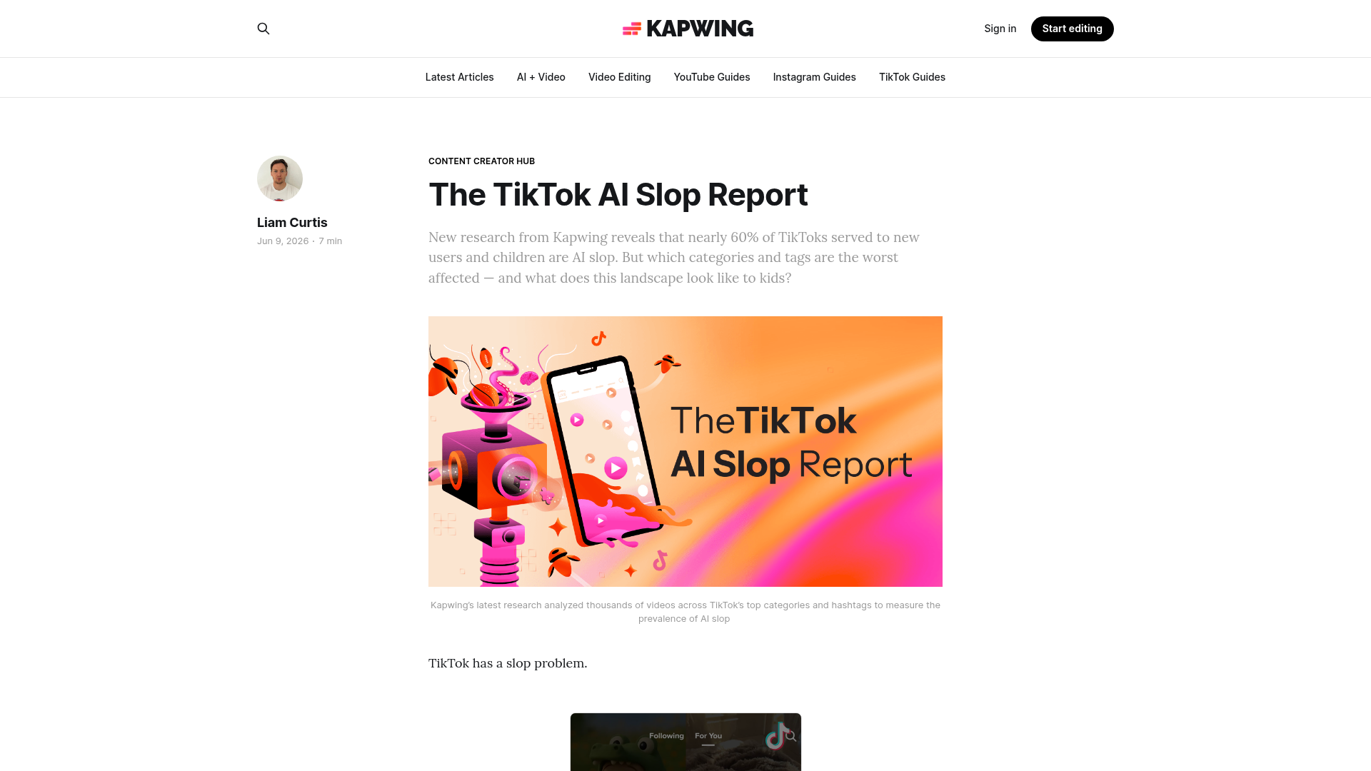 Kapwing report showing measured AI slop rates in TikTok feeds and children's categories