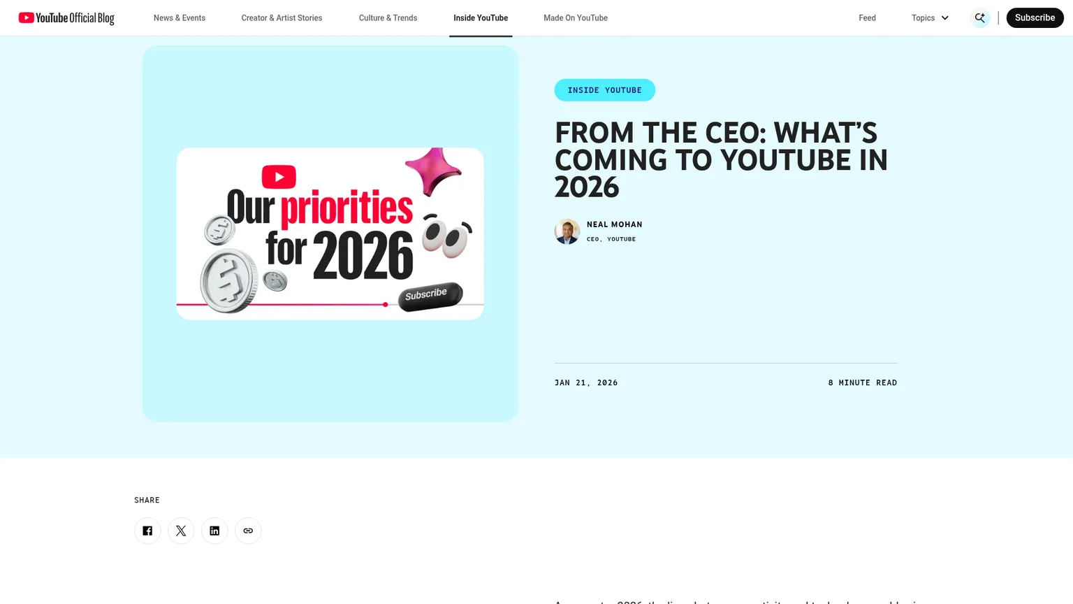 YouTube CEO 2026 letter with the Managing AI slop section
