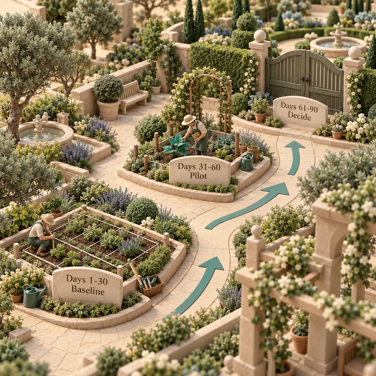 A path through a clay garden moves from baseline during days 1-30, through a pilot during days 31-60, to a closed review gate during days 61-90.