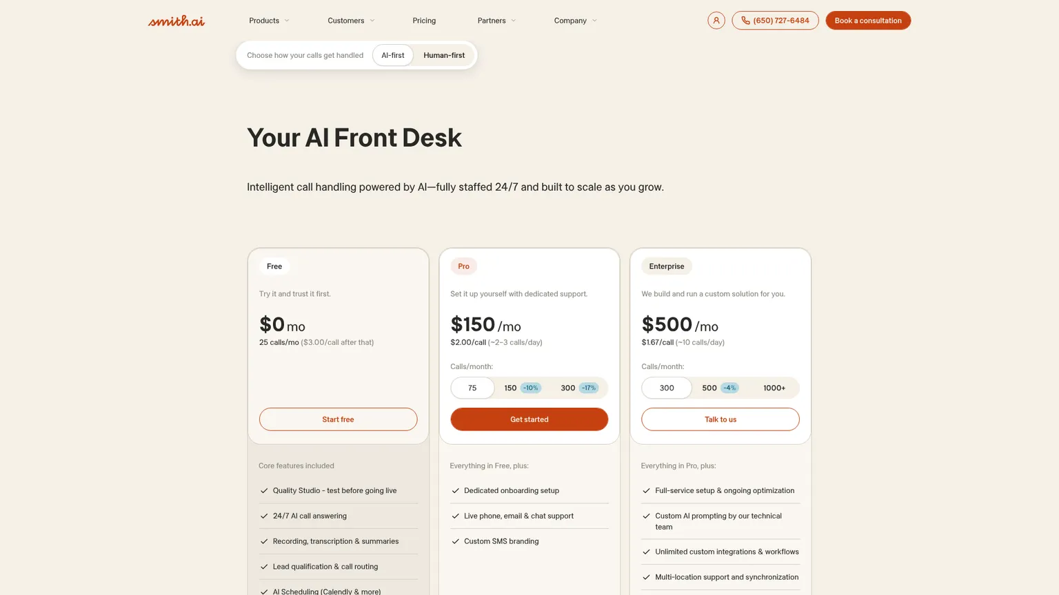 Smith.ai AI Receptionist pricing page