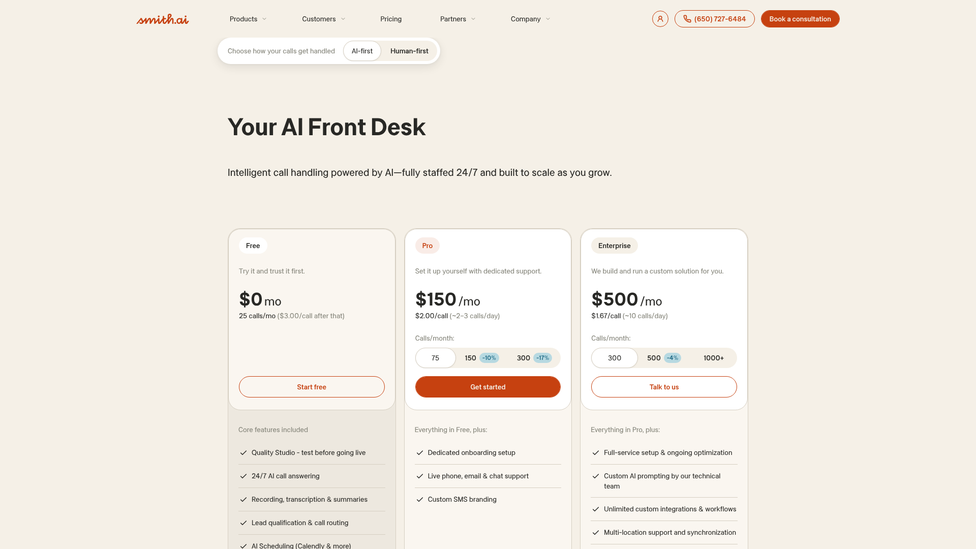 Pagina dei prezzi di Smith.ai AI Receptionist