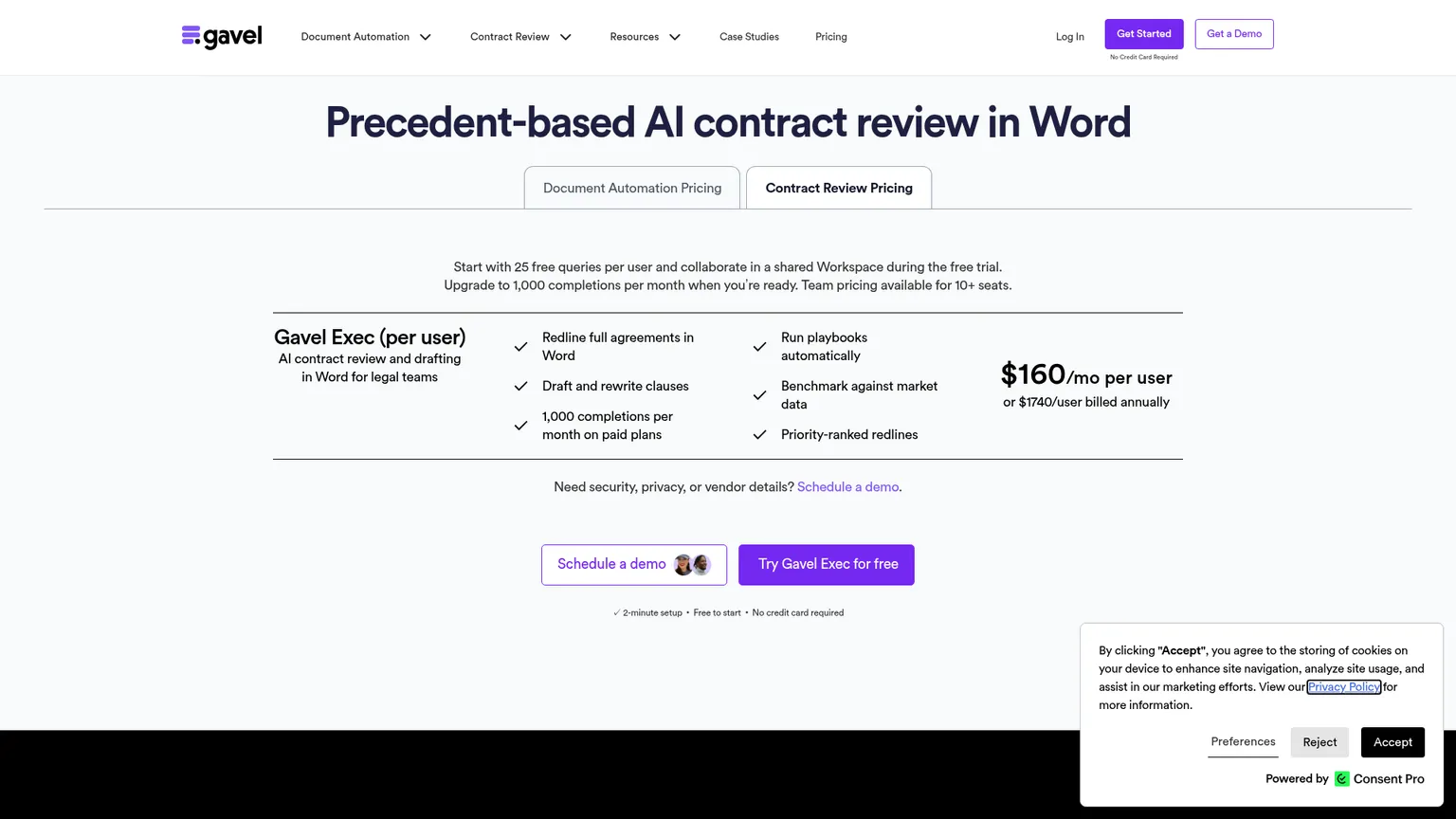 Gavel Exec contract review pricing page