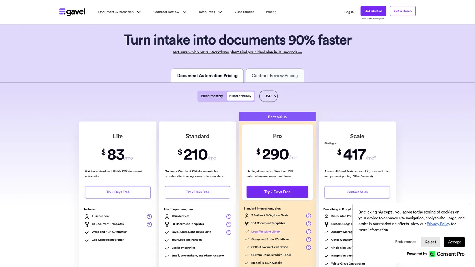 Gavel Workflows document automation pricing page