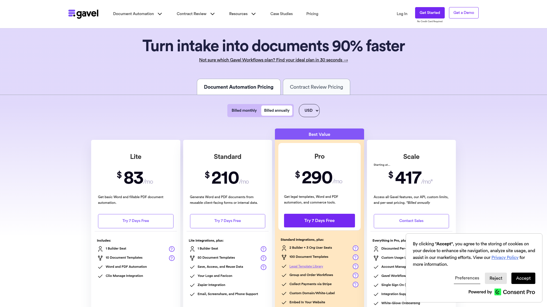 Pagina dei prezzi di Gavel Workflows per l'automazione documentale