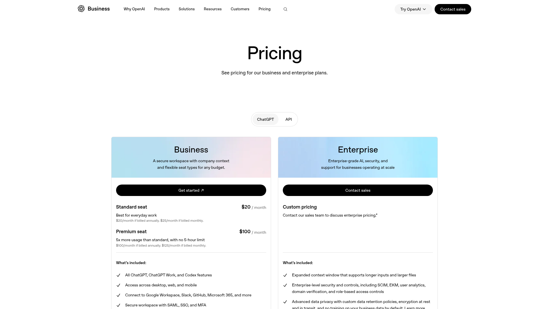 Pagina dei prezzi di ChatGPT Business