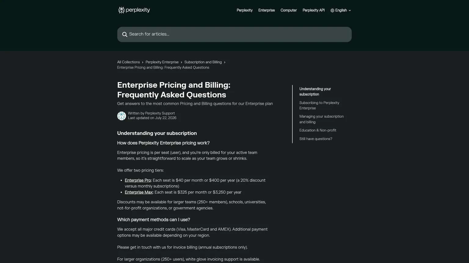 دليل أسعار Perplexity Enterprise Pro وفوترته