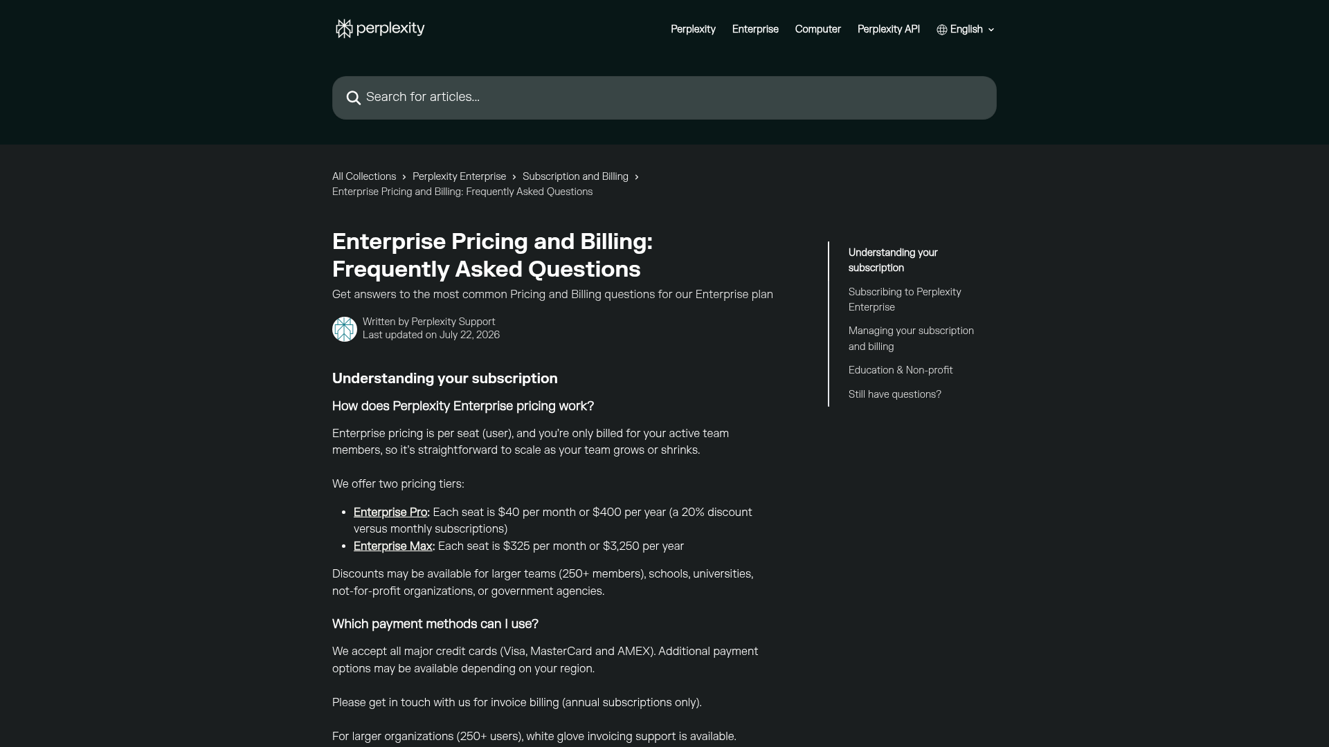 Perplexity Enterprise Pro pricing and billing guide
