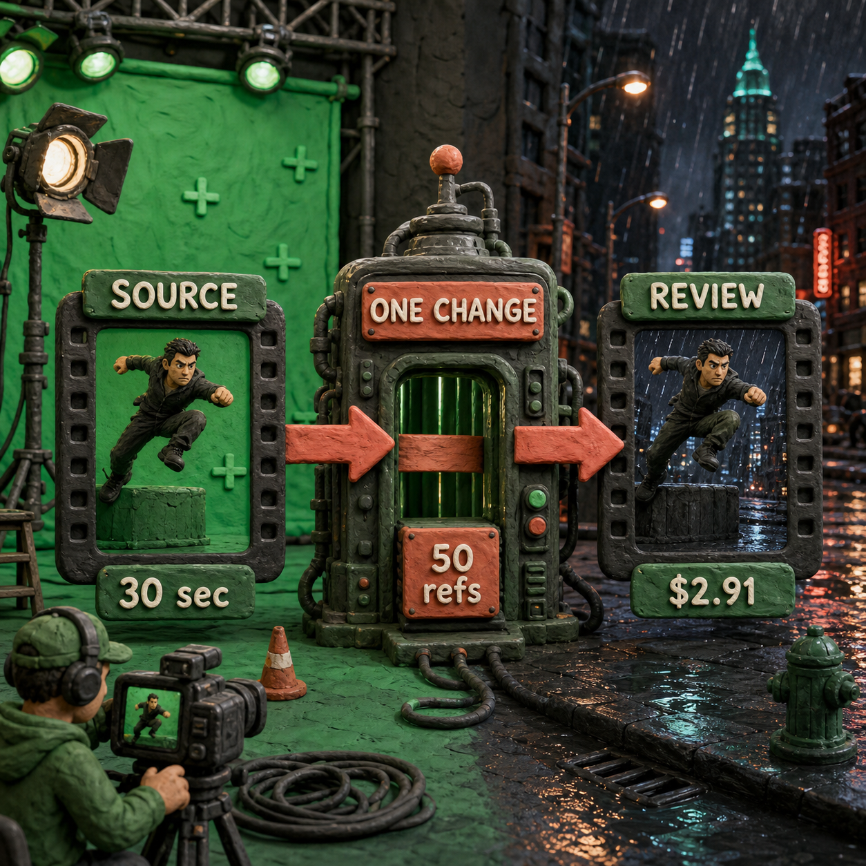 A sculpted three-stage Seedance 2.5 post-production flow from an approved source clip through one bounded change to reviewed output