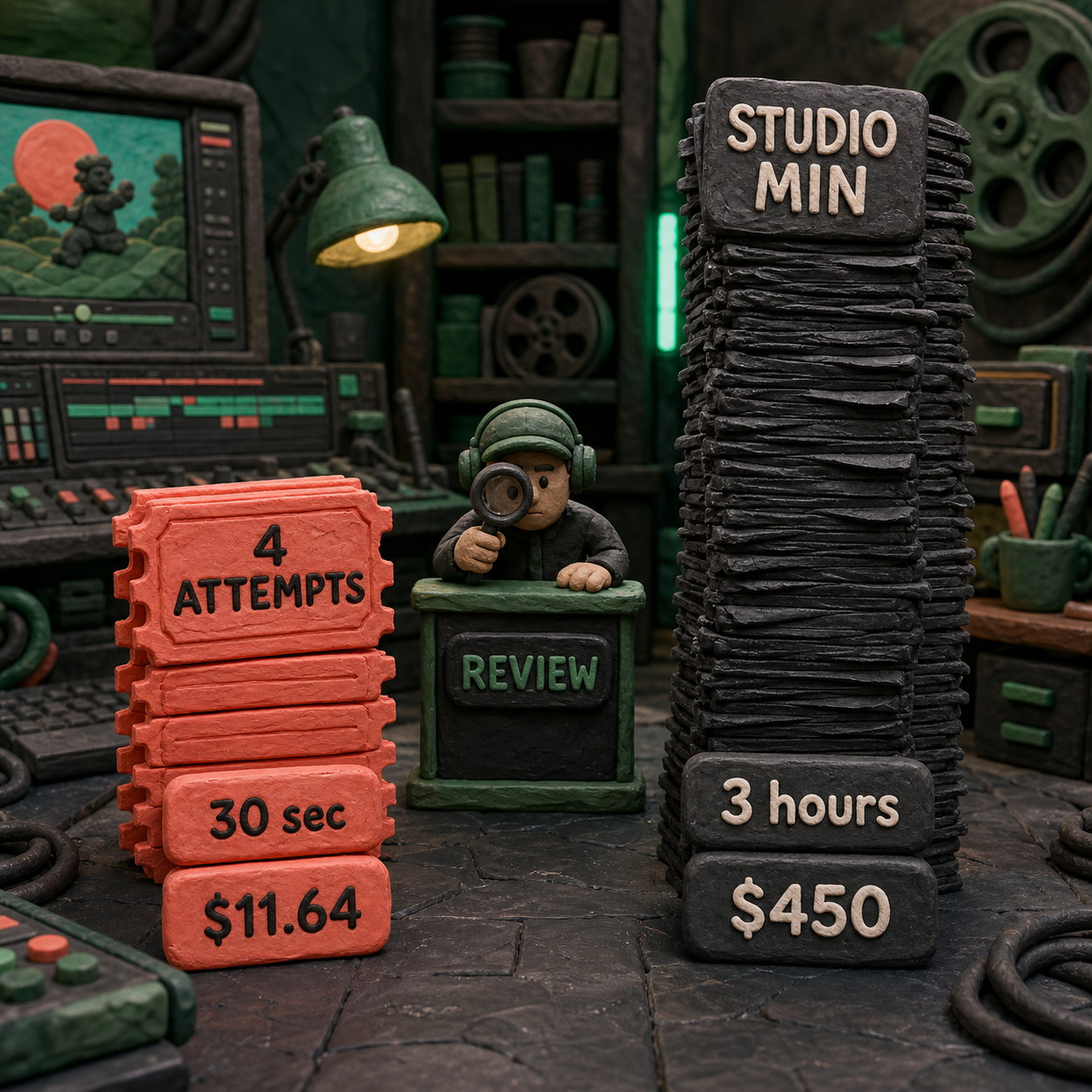 A sculpted cost comparison showing four Seedance attempts at 11 dollars and 64 cents beside a 450 dollar studio minimum