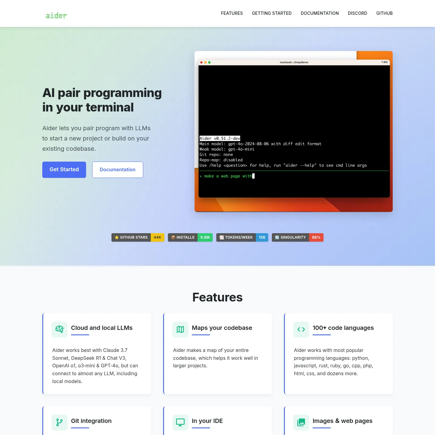 Homepage di Aider con il pair programming da terminale e le funzioni Git, mappa del repository e modelli