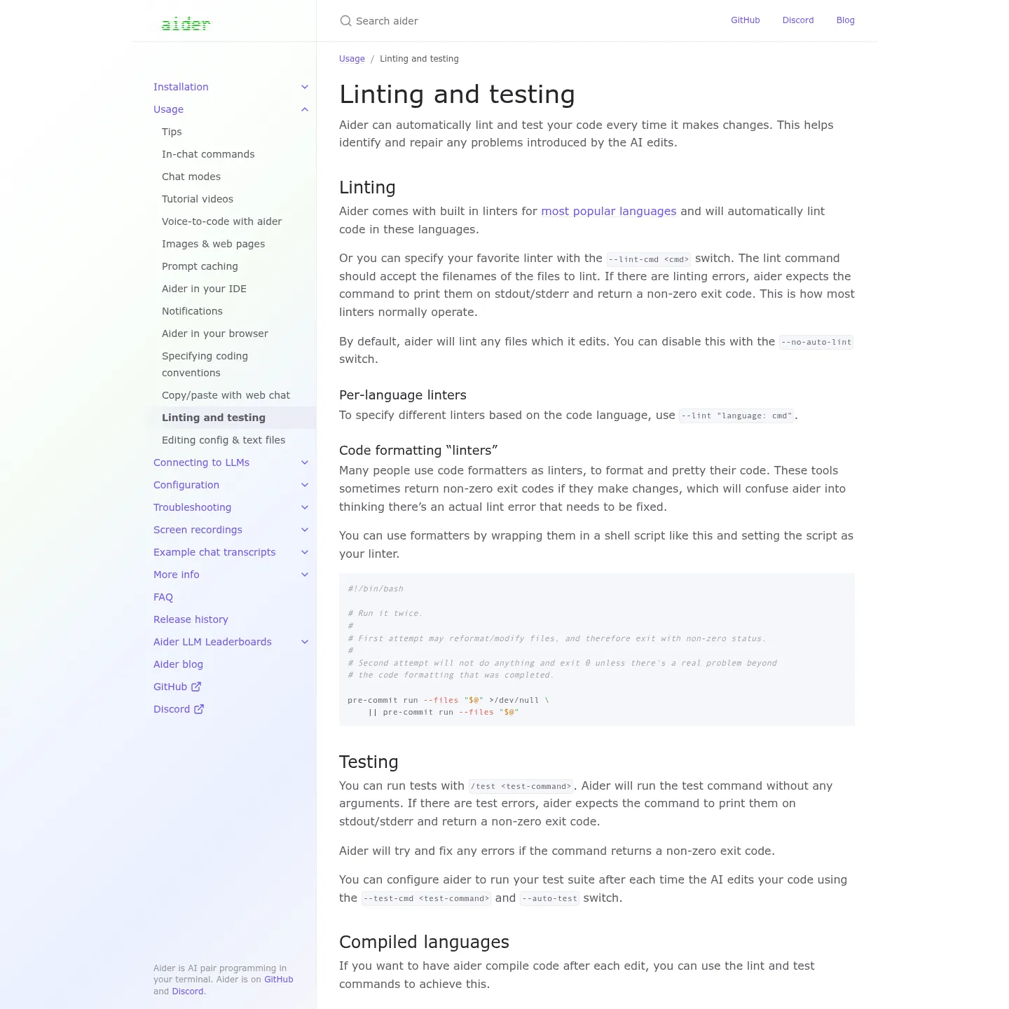 Documentazione di Aider su linting e test, con spiegazione dei comandi di test e dell'esecuzione automatica