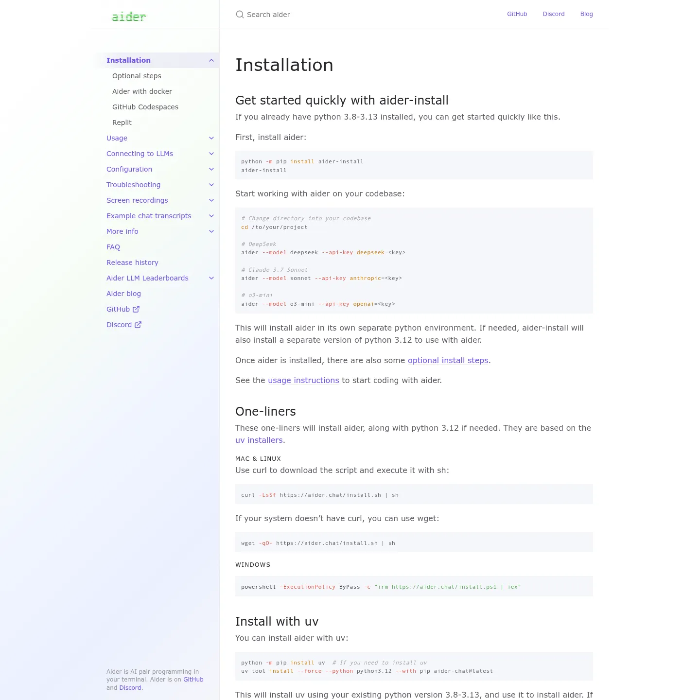 Documentazione di installazione di Aider con il metodo aider-install