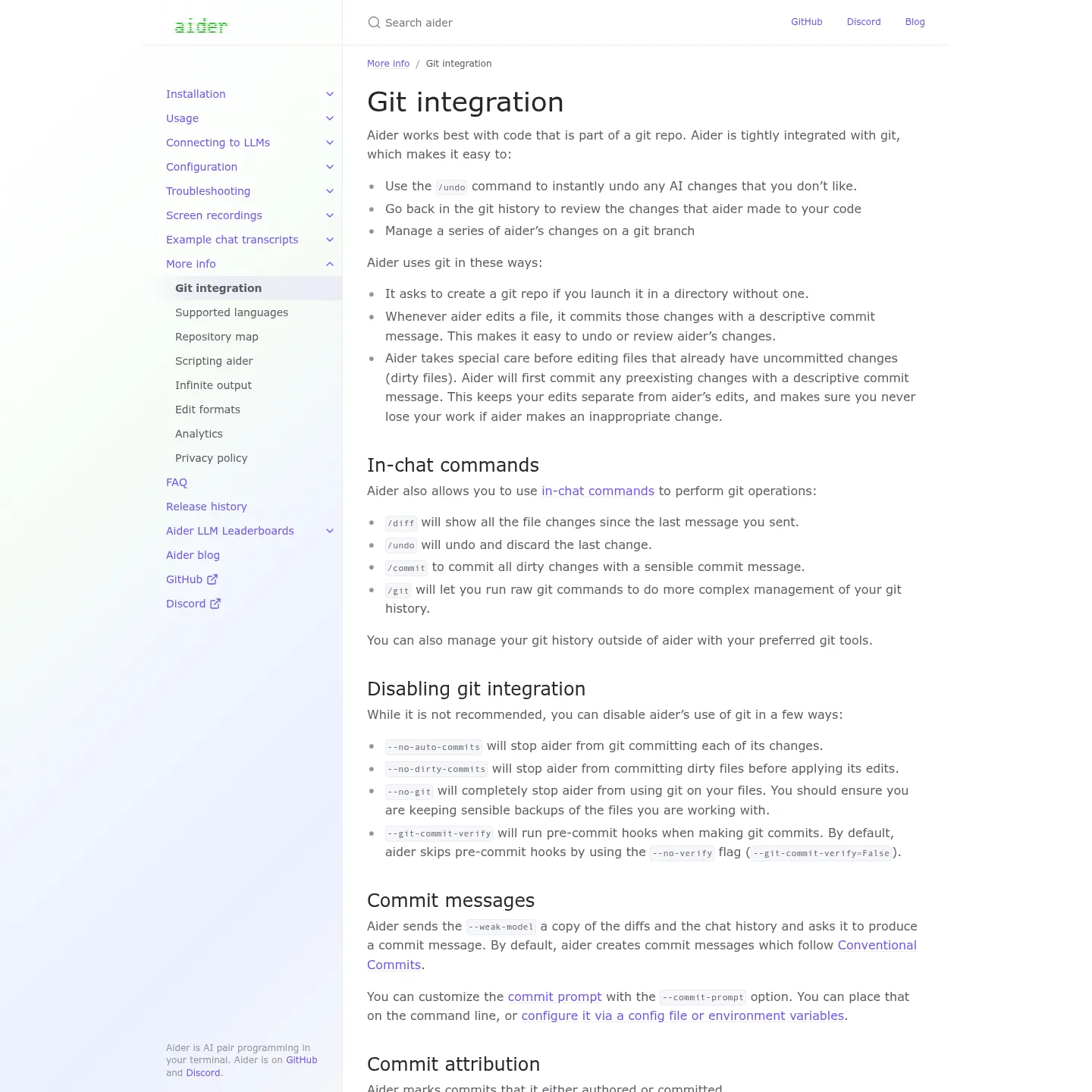 Documentazione dell'integrazione Git di Aider su commit automatici, annullamento e configurazione